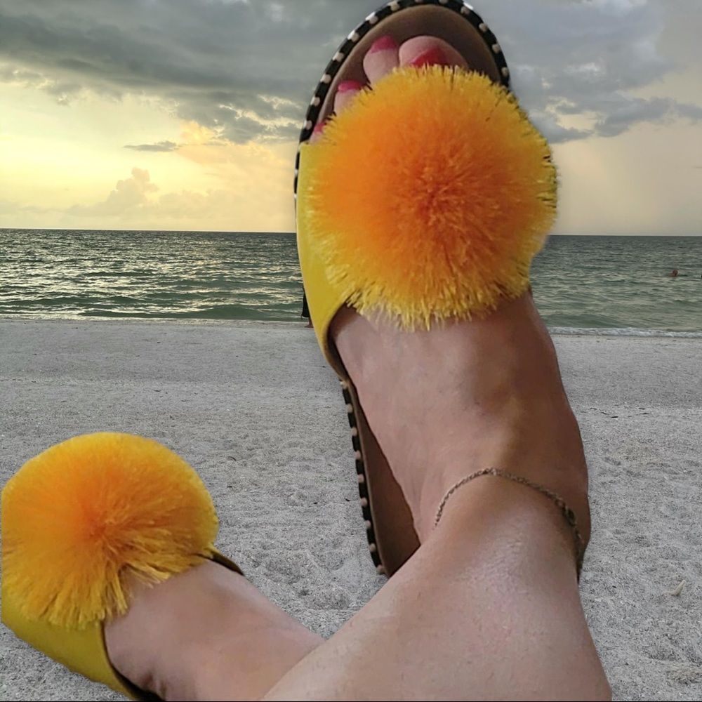 RESTOCK Yellow Pom Silver Stud SlipOn Mule Sandal